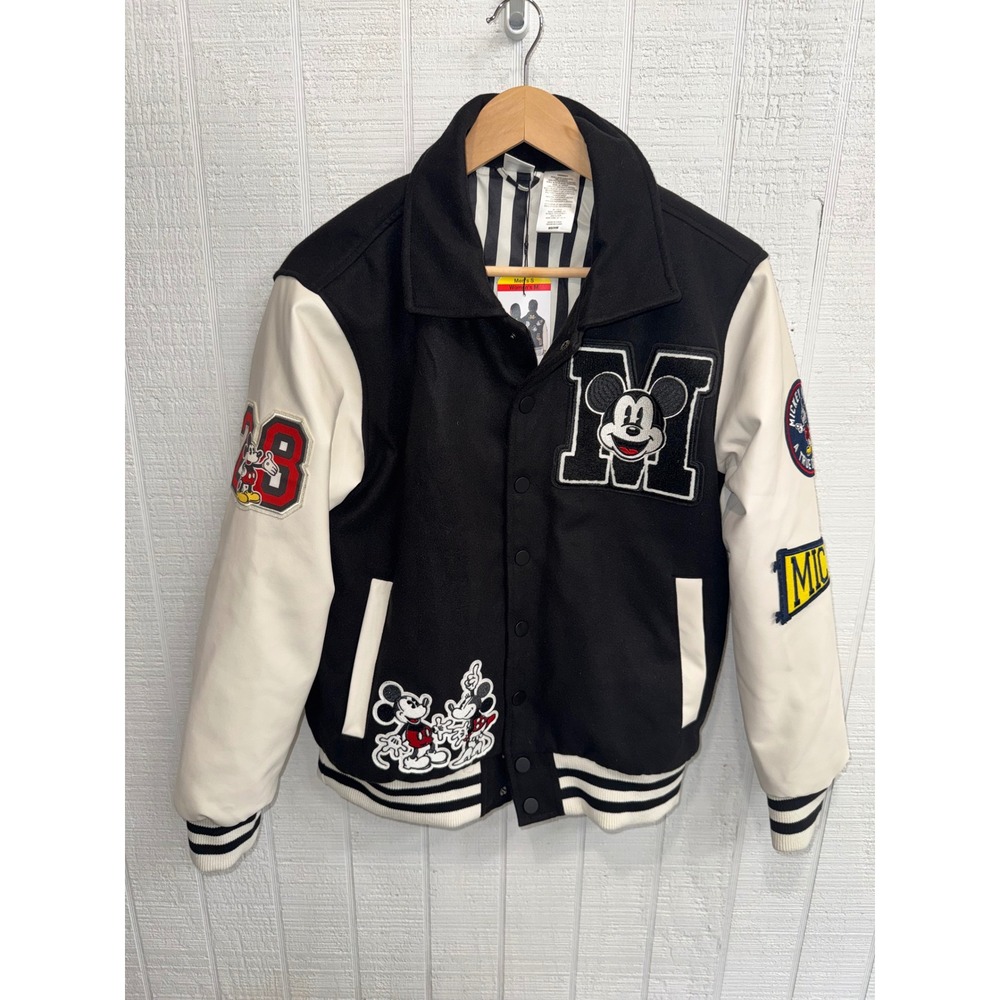 Disney Mickey and Friends Varsity Jacket Women Black White Patch Letterman M